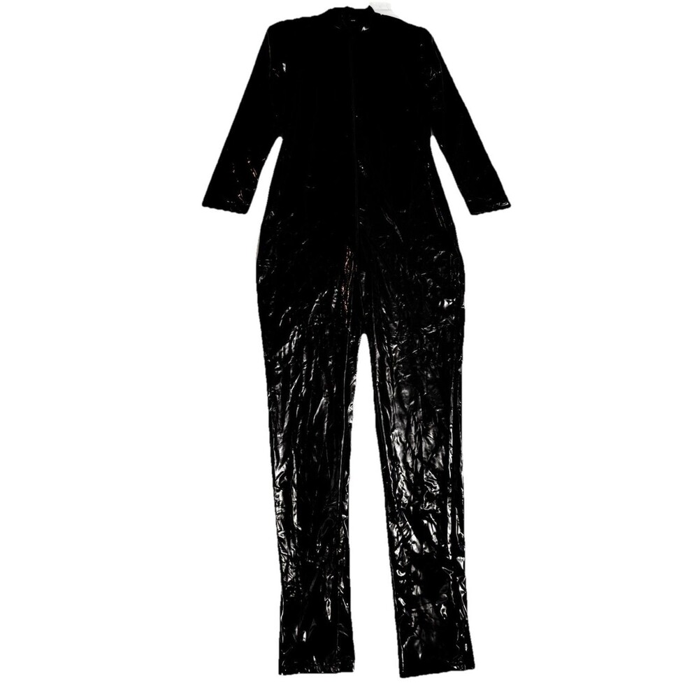 Black Shiny PVC Latex Look Catsuit Womens Zip Front Costume Bodysuit Goth